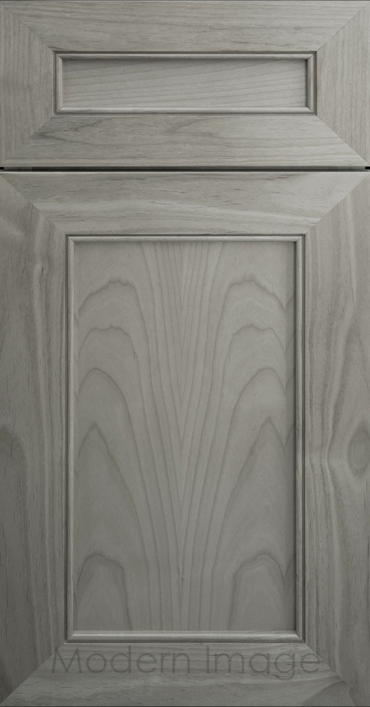 Highland Oyster-stained Shaker kitchen cabinet door with wide rails and a flat center panel.